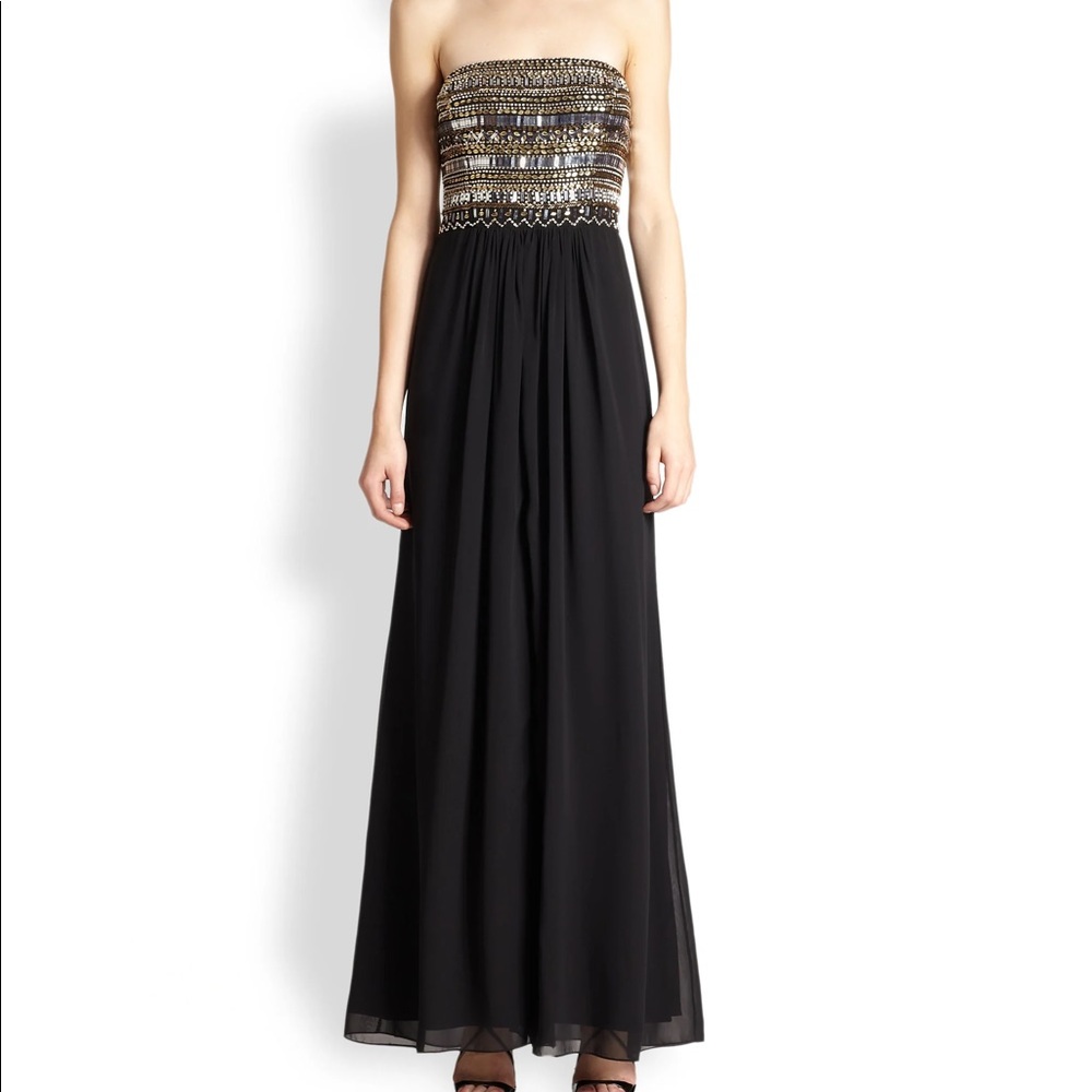 Aidan Mattox Black & Gold Beaded Strapless Dress